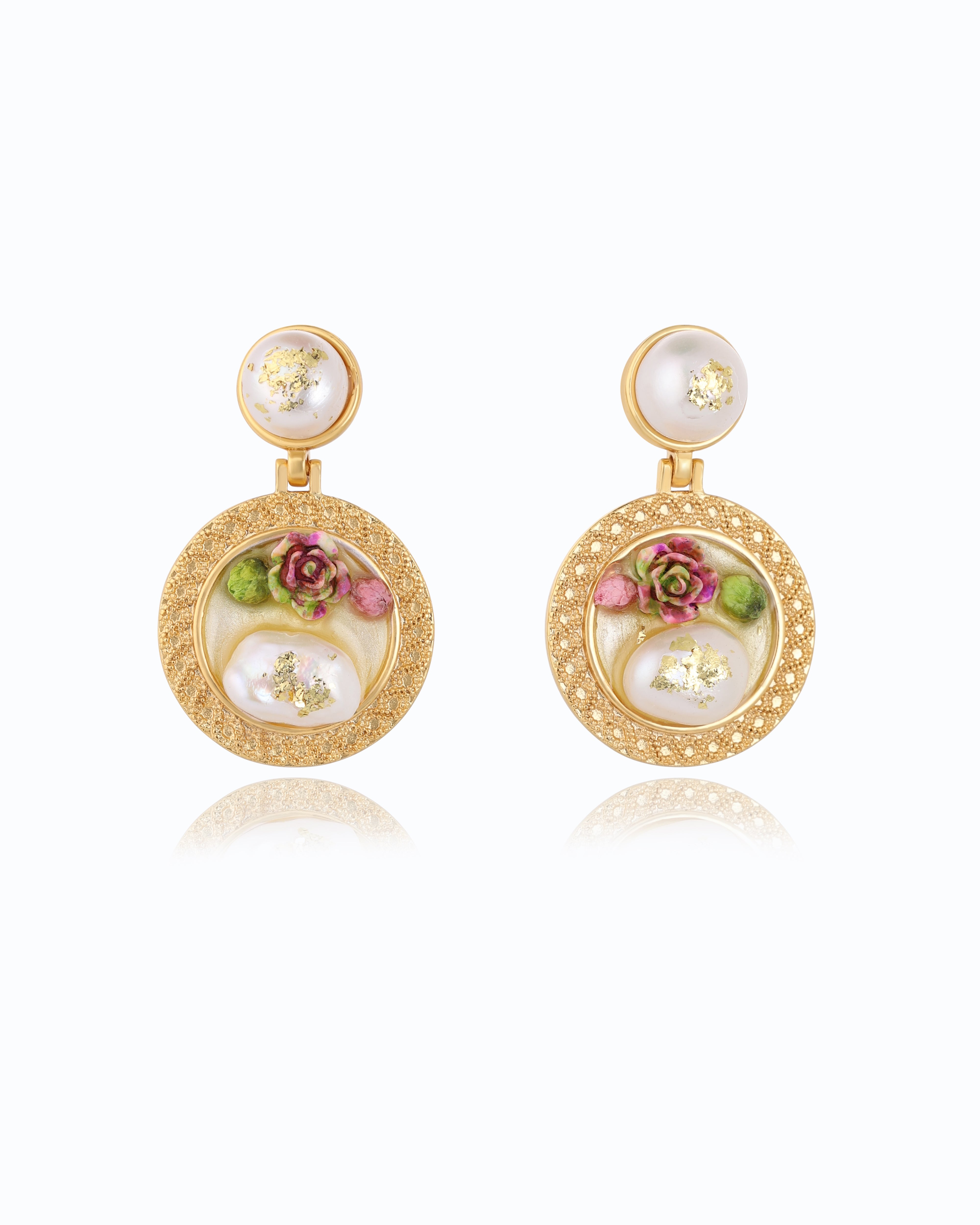 Real Flower in White Pearl Dangle Earrings | 18K Gold Plated