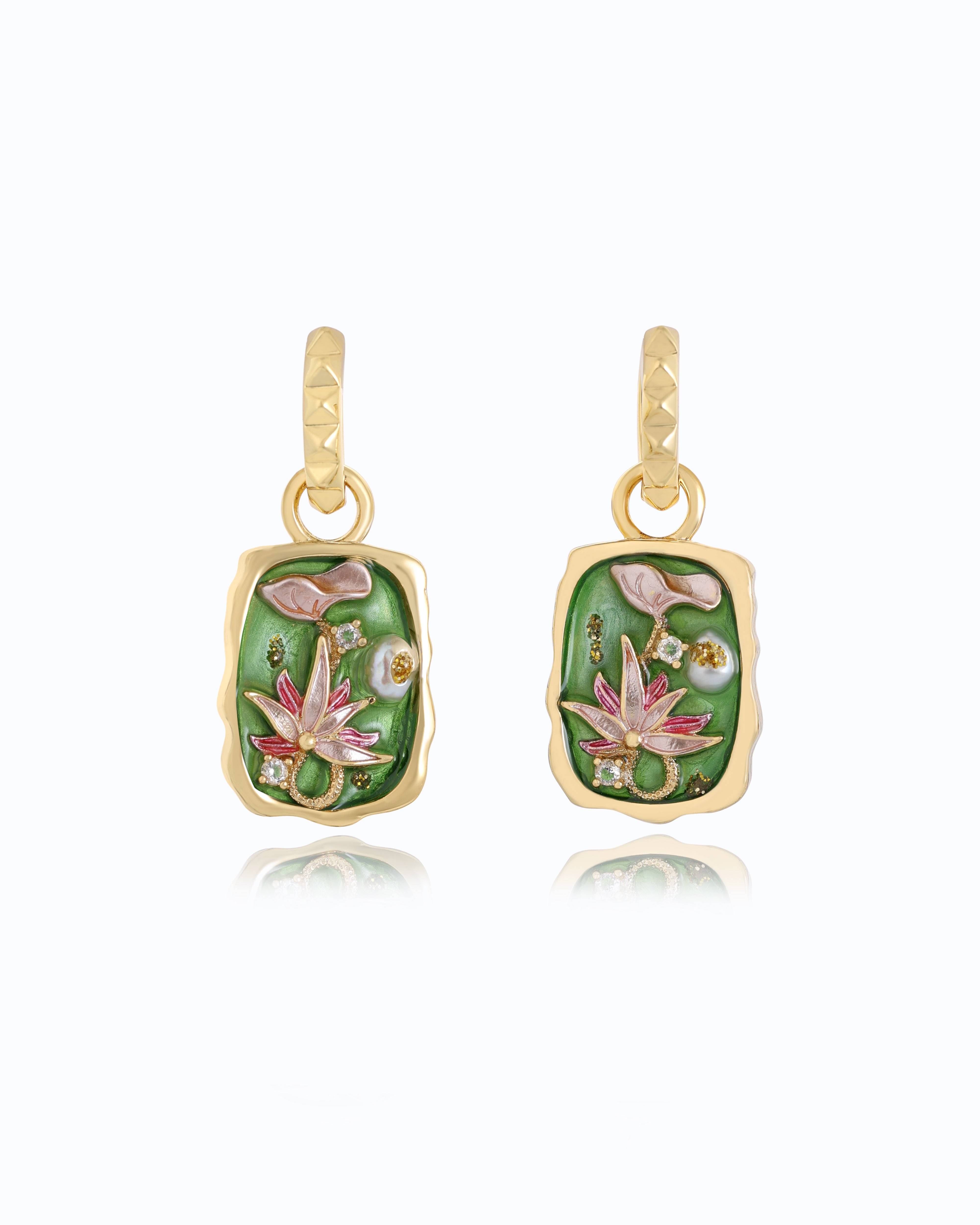 Renaissance Green Lotus Earrings – 18K Gold Plated Floral Studs