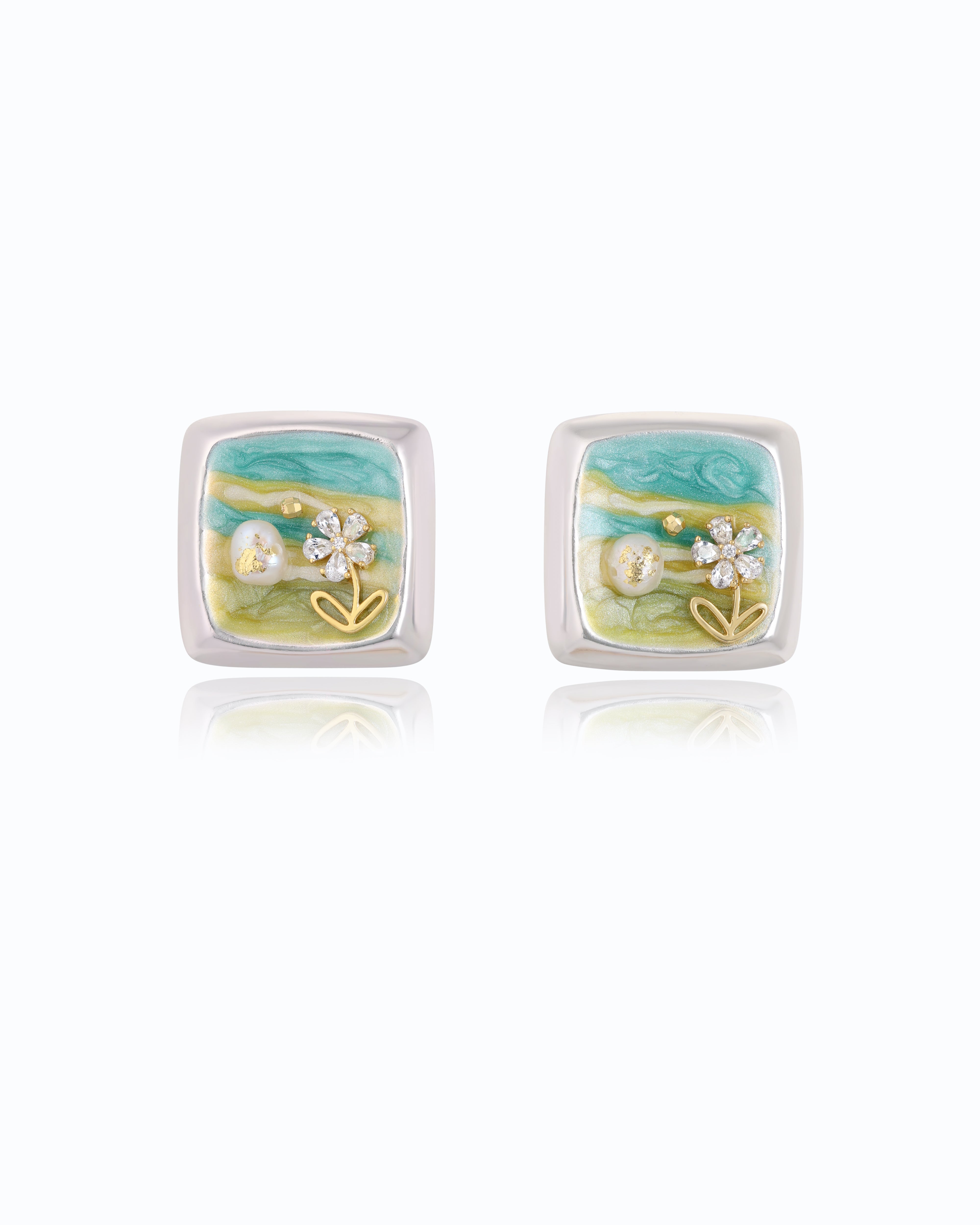 Premium Silver Ocean Studs with Natural Pearl & Enamel Design.