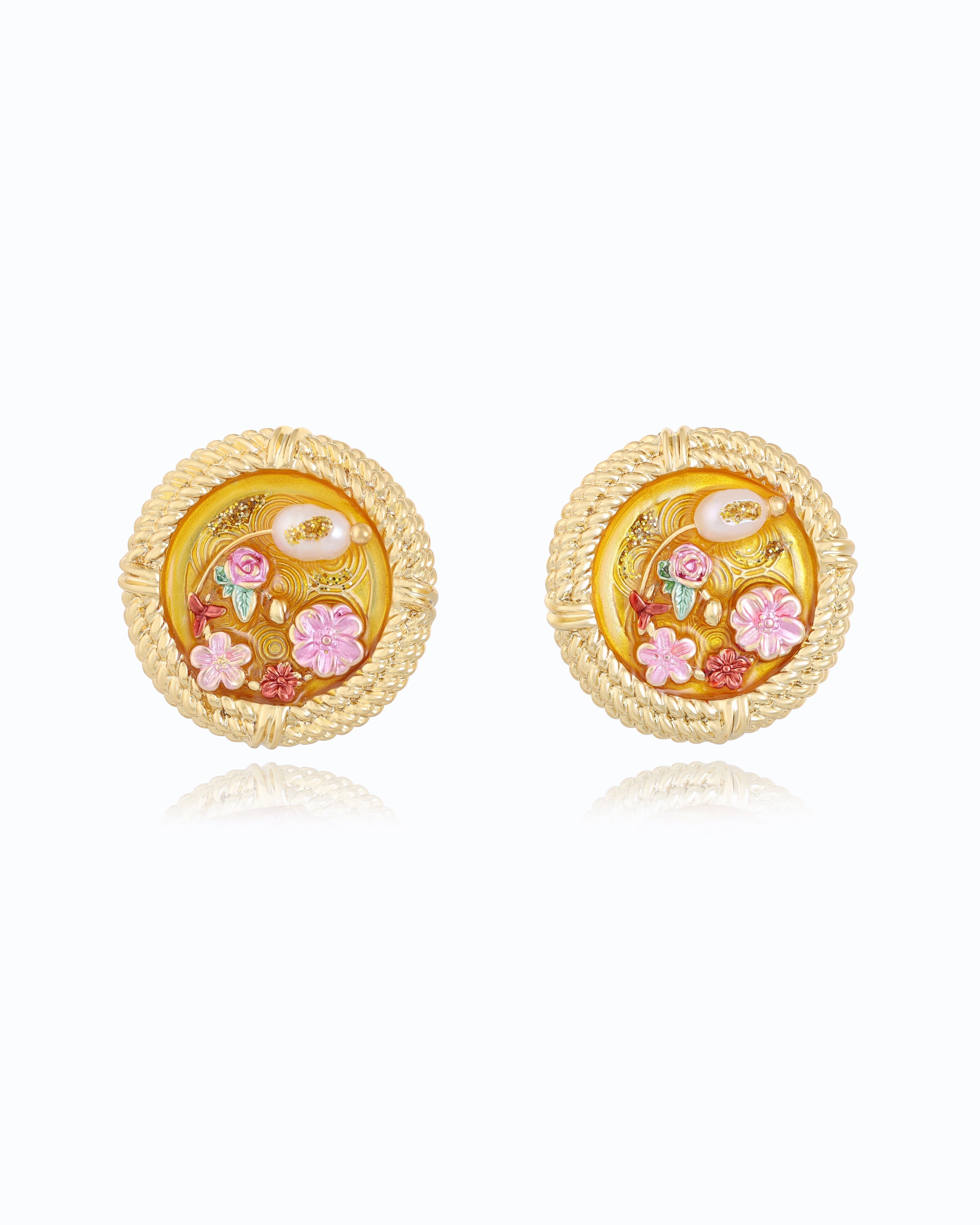 Yellow Enamel Circle Studs – Freshwater Pearl & 18k gold plated