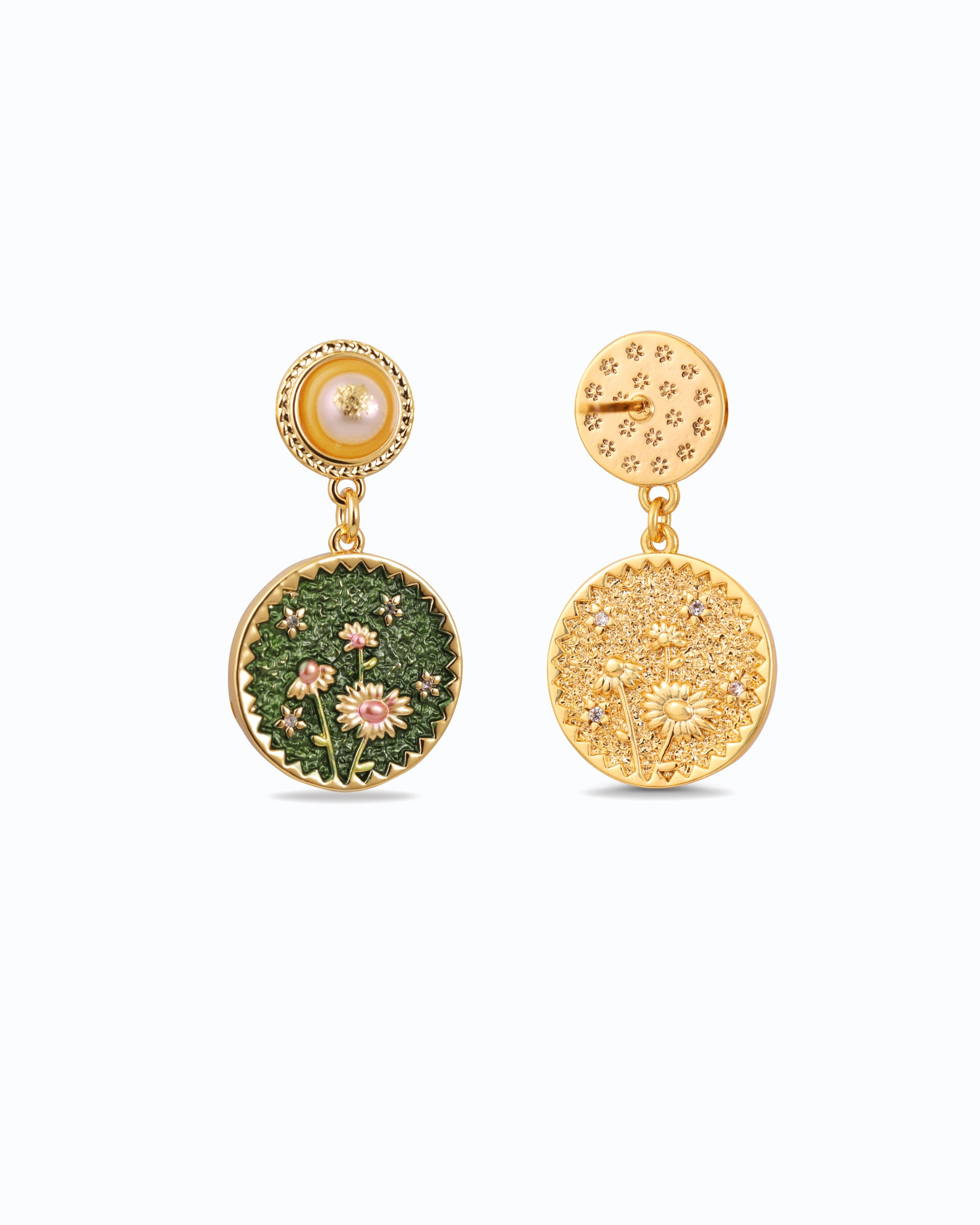 Intricate Daisy in Green Pearl Dangles