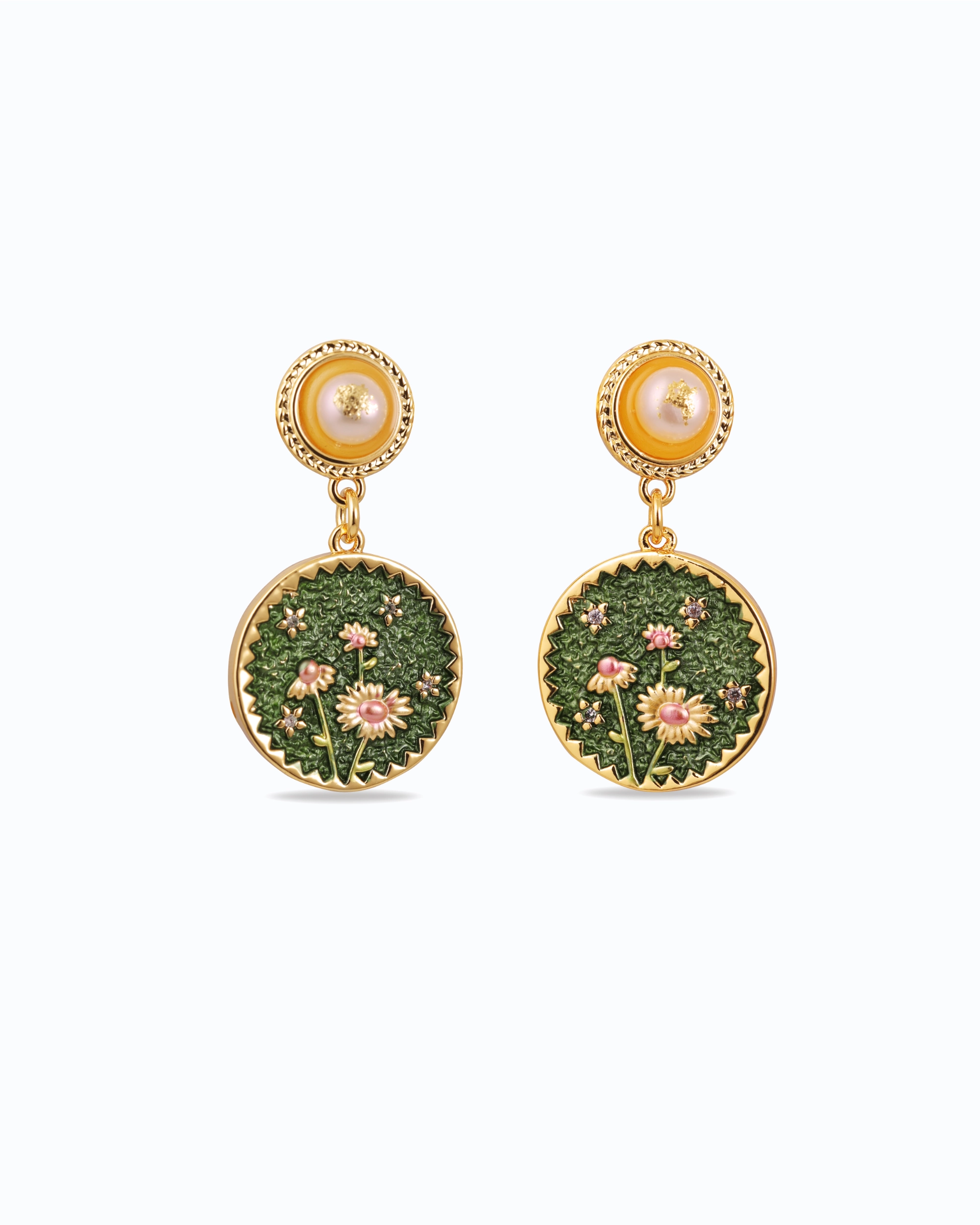 Intricate Daisy in Green Pearl Dangles