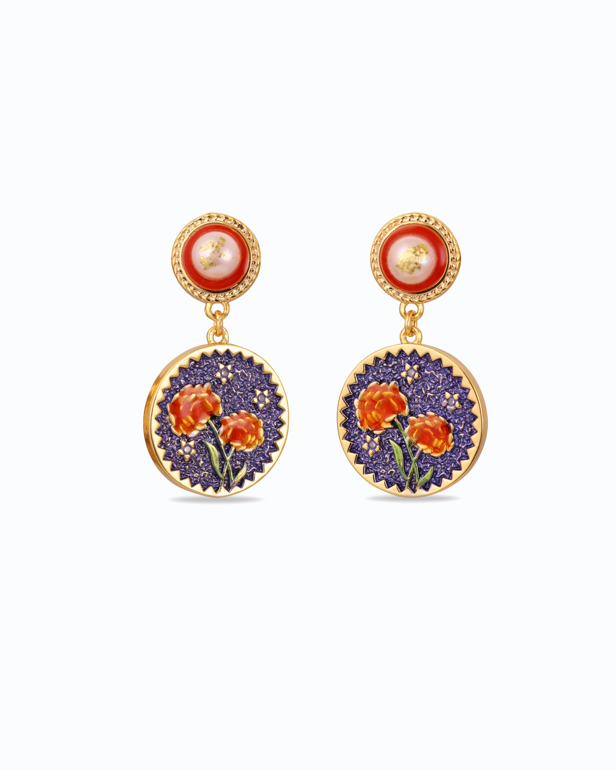 Intricate Marigold in Blue Pearl Dangle