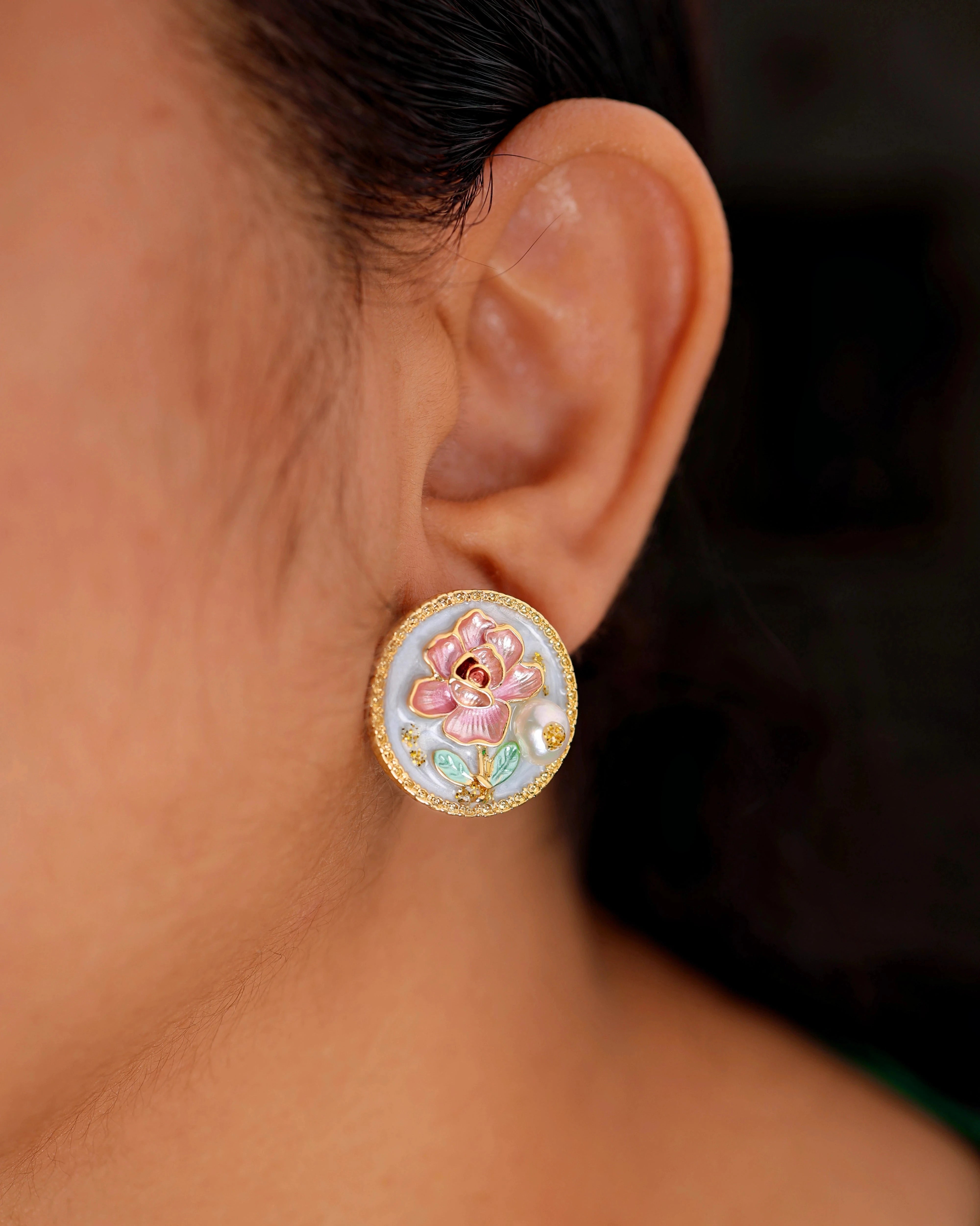 Light Blue Floral Pearl Stud