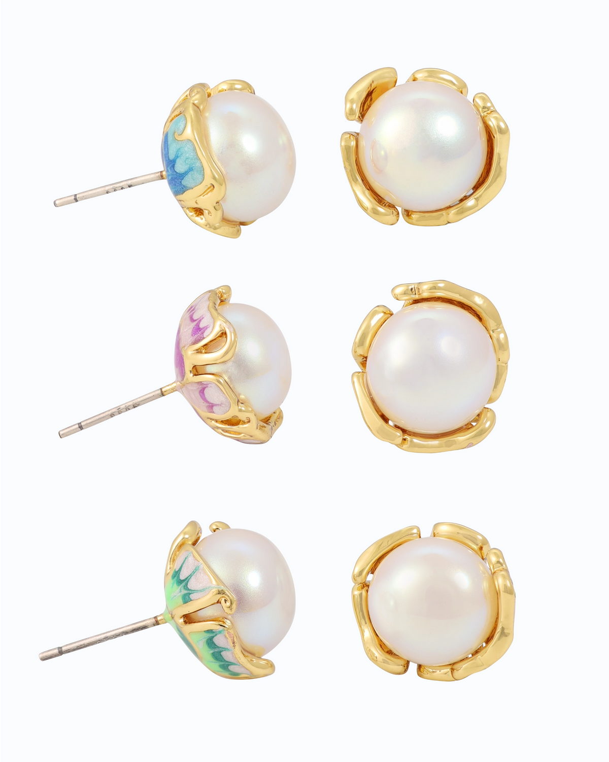 Reverse Bloom Pearl & Enamel Stud Trio