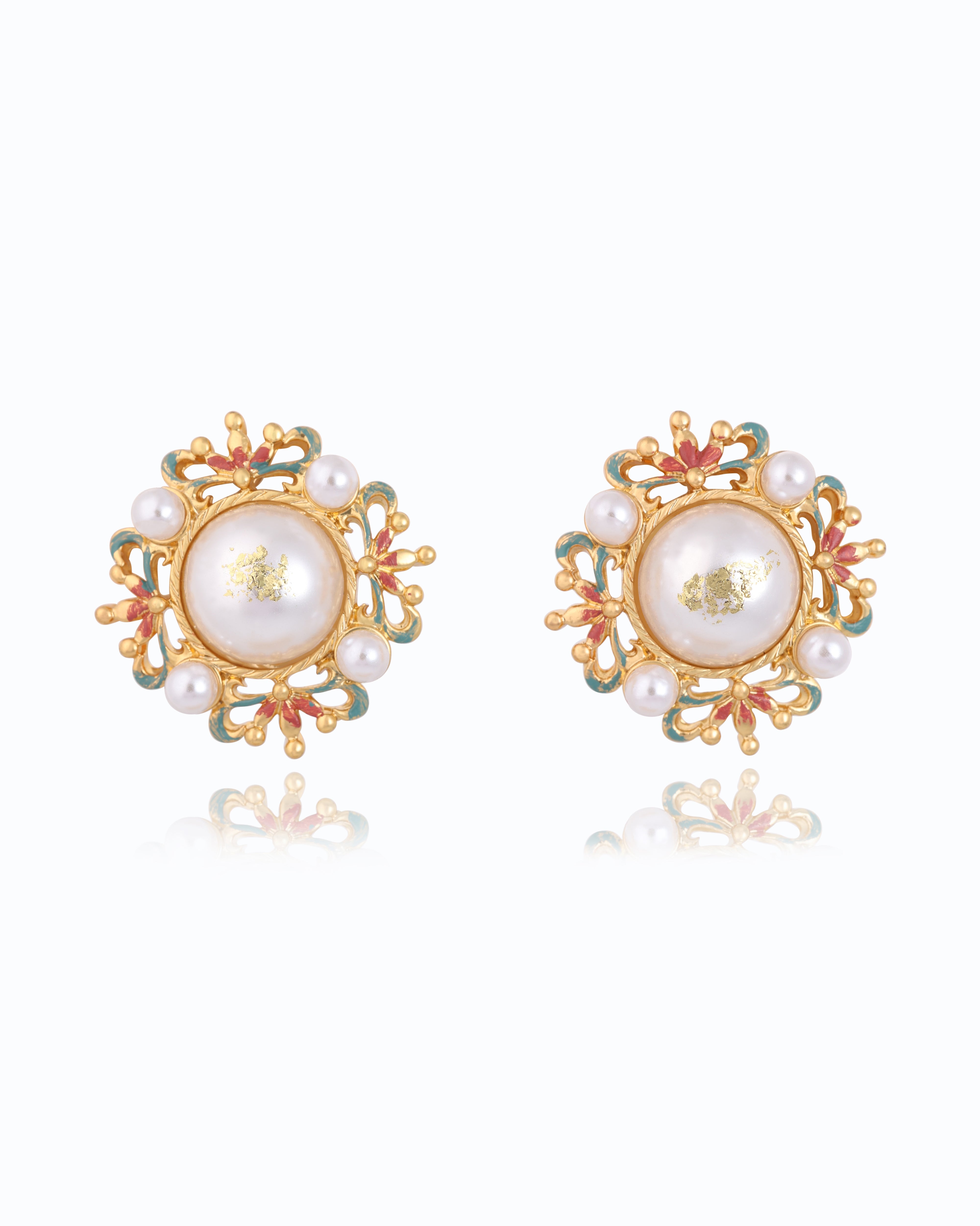 Painted Mandala Pearl Stud Earrings – 18K Gold Plated | Flawnt