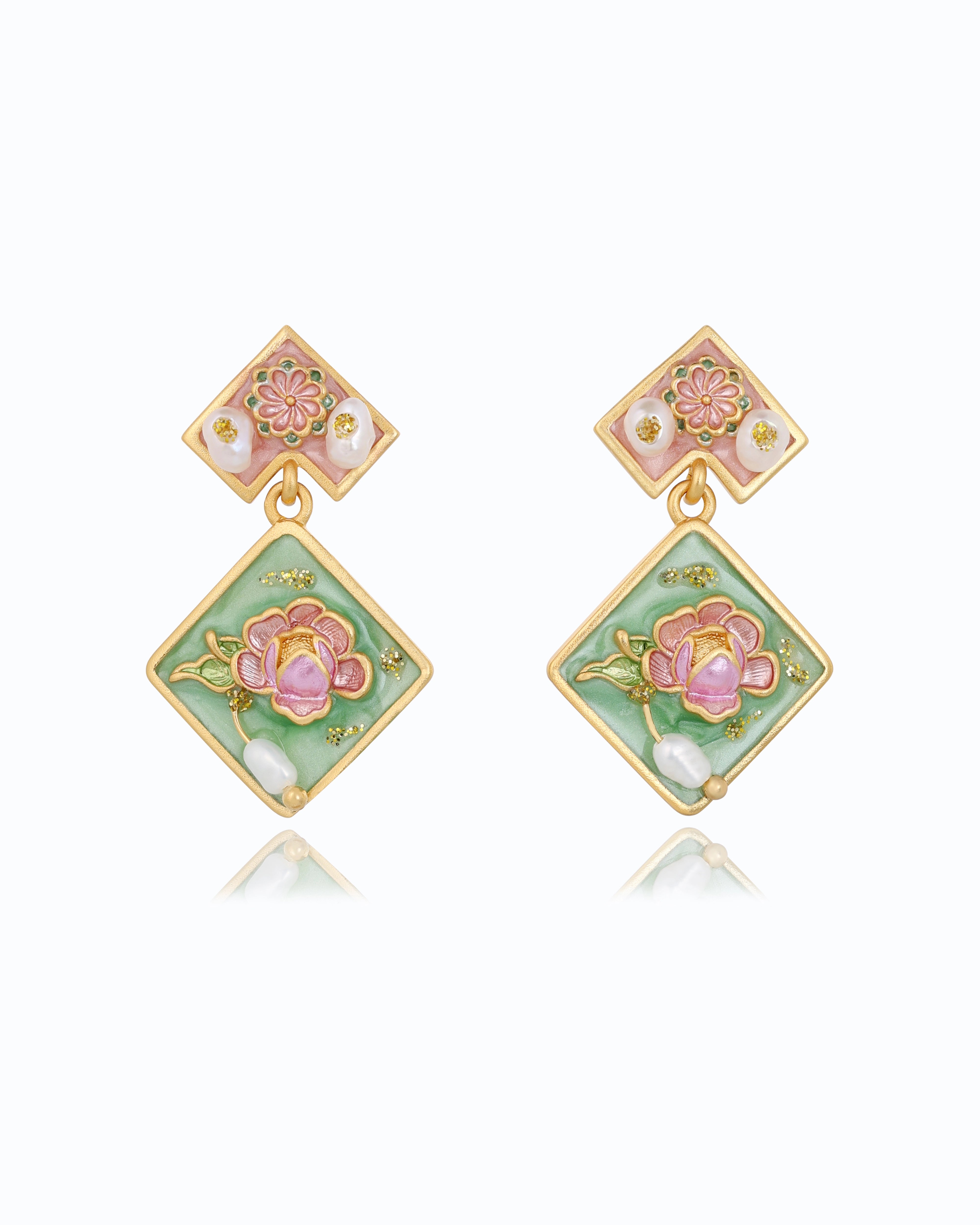 Elegant Floral Drop Pearl Diamond Dangle - Green Jewelry, 18k gold platted
