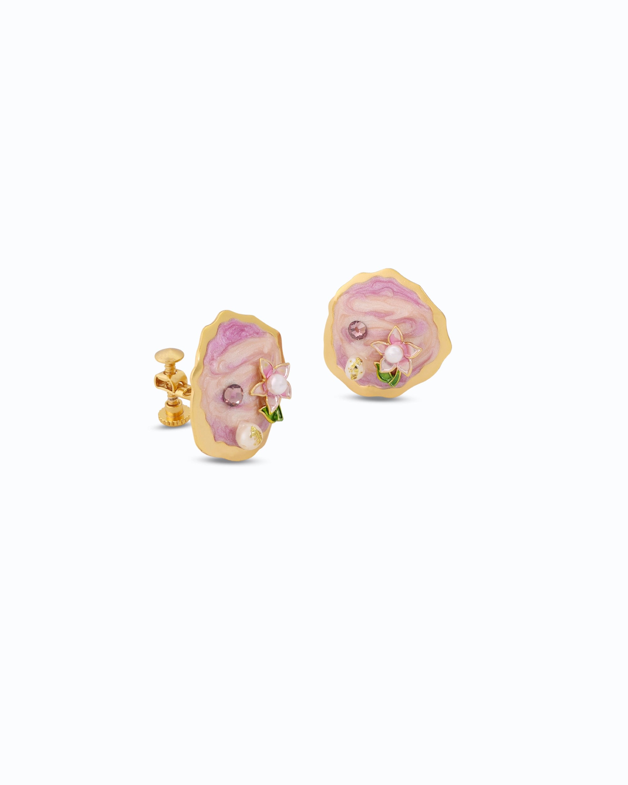 Pink Flower Mural Pearl Clip On Studs