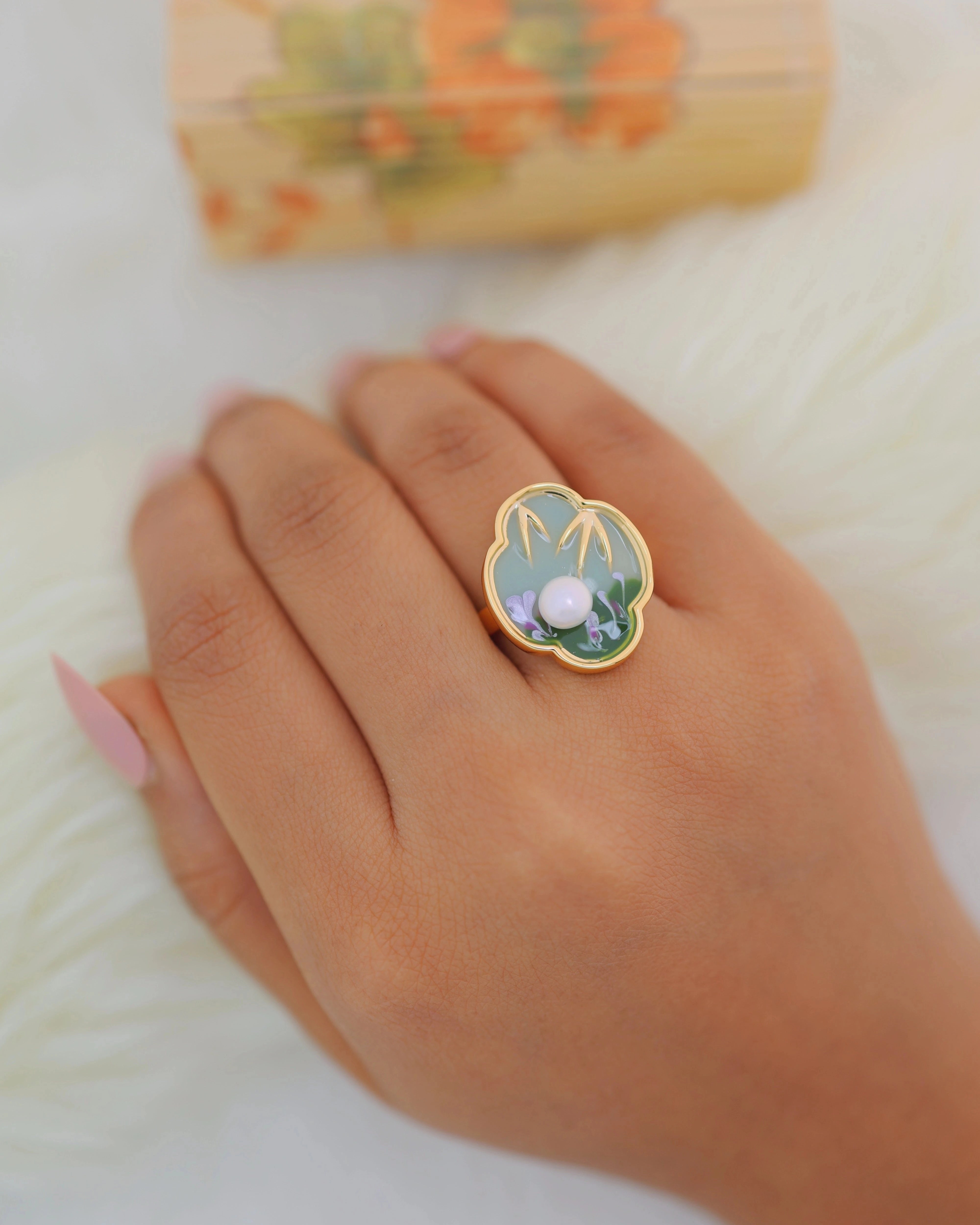 Pearl on Enamel Painting Adjustable Ring