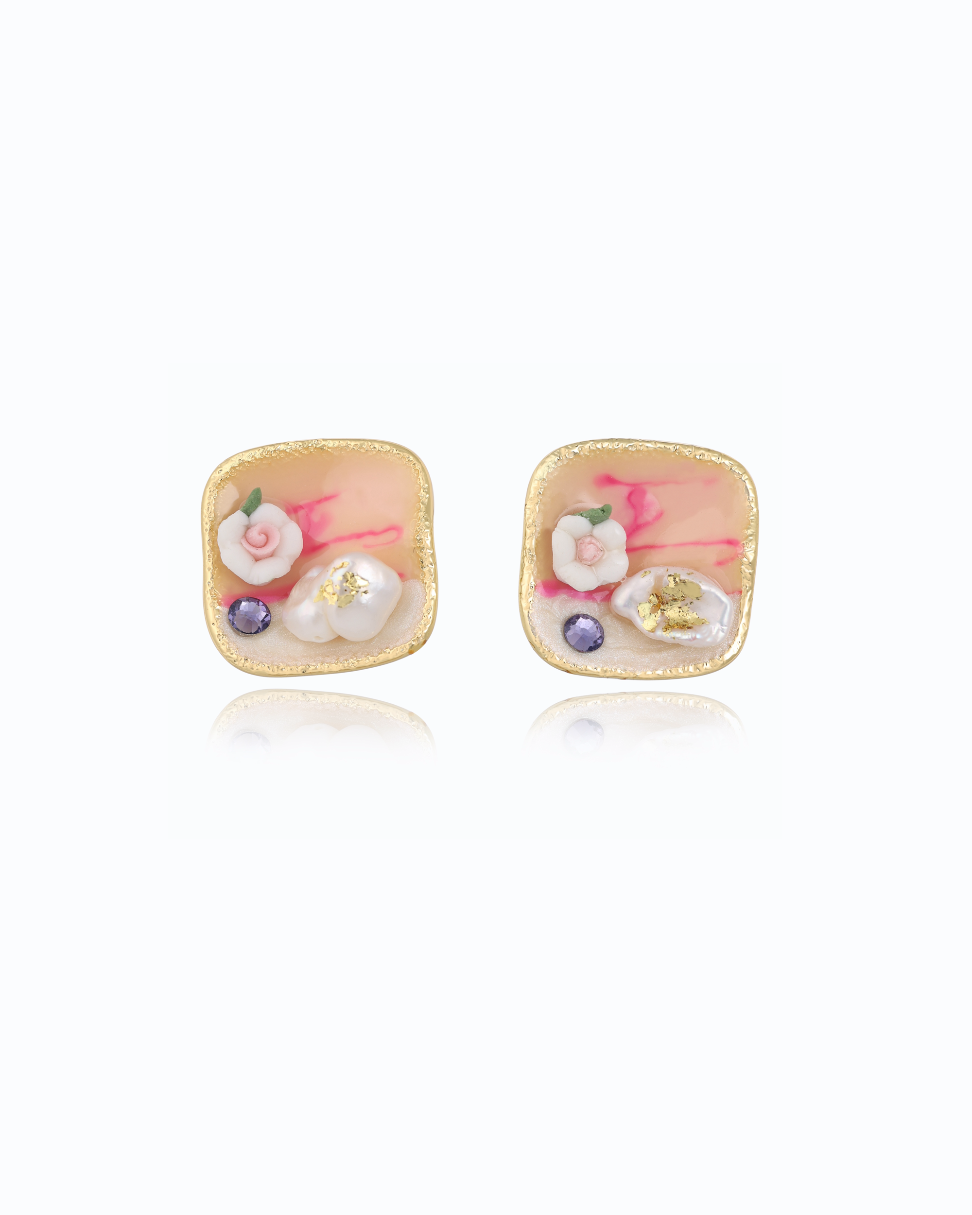 Unique Pink Enamel Pearl Studs - 18K Gold Plated, Bespoke jewelry