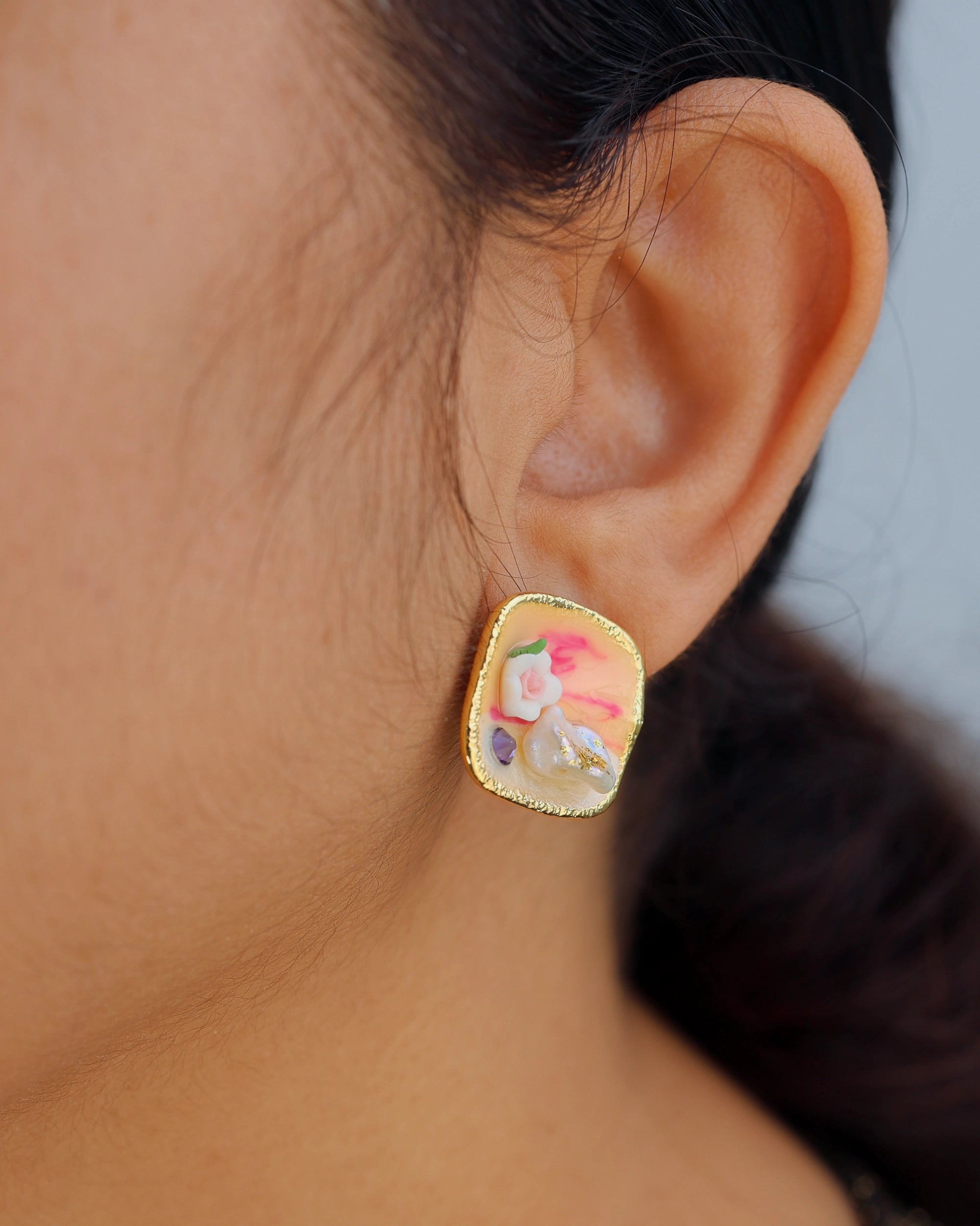 Pink Square enamel Pearl Studs hover