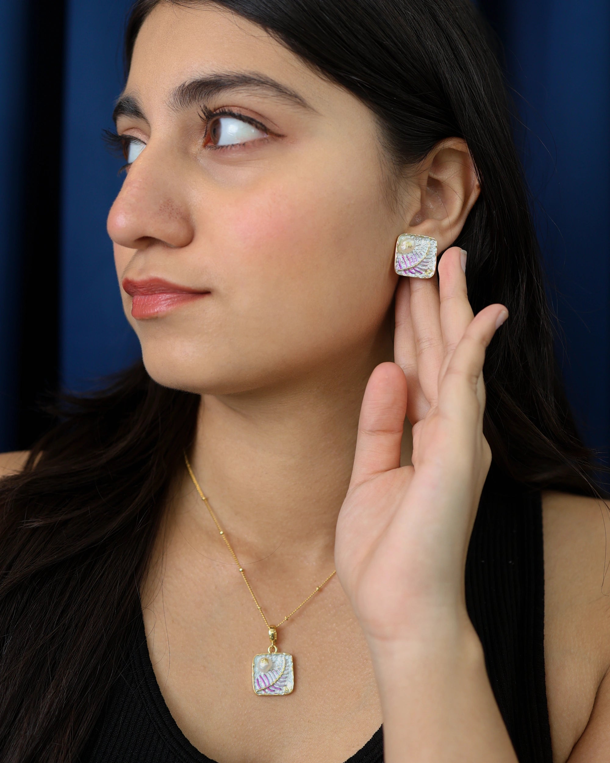 Purple Fern Pearl Pendant Set