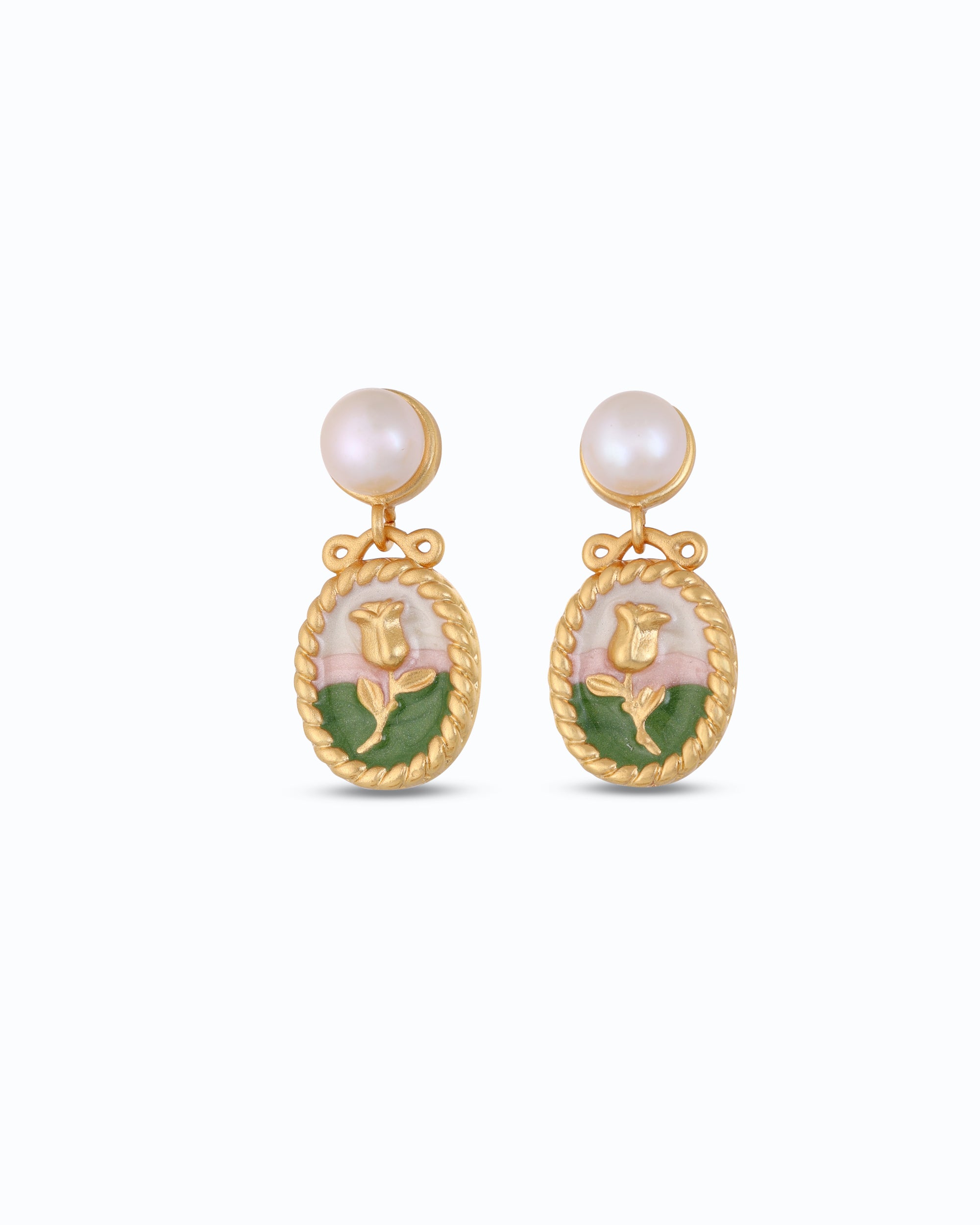 Rose in White & Green Earrings | Natural Freshwater Pearls | Flawnt