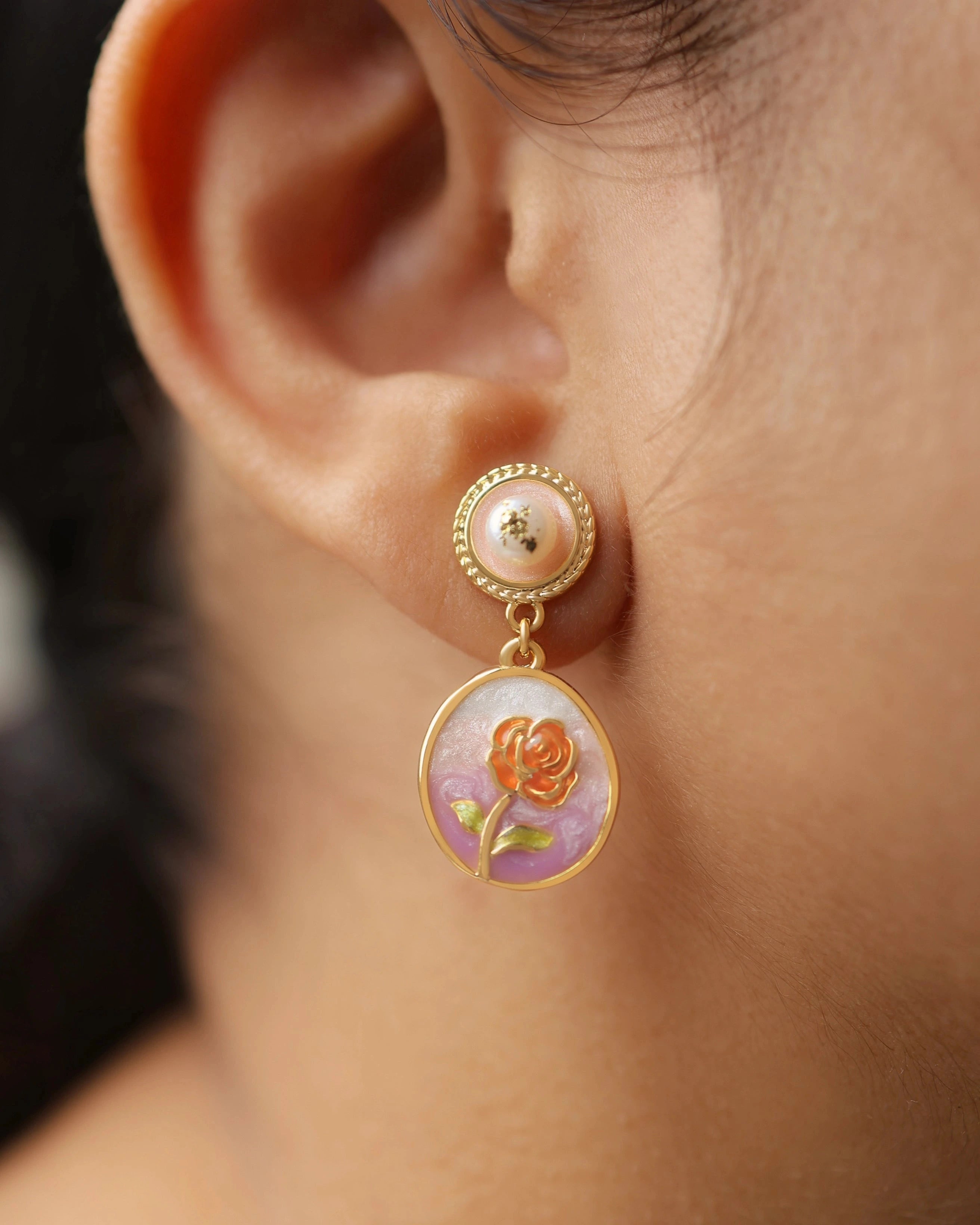 Rose with Backstamp Pearl Dangle (Pinkish) hover