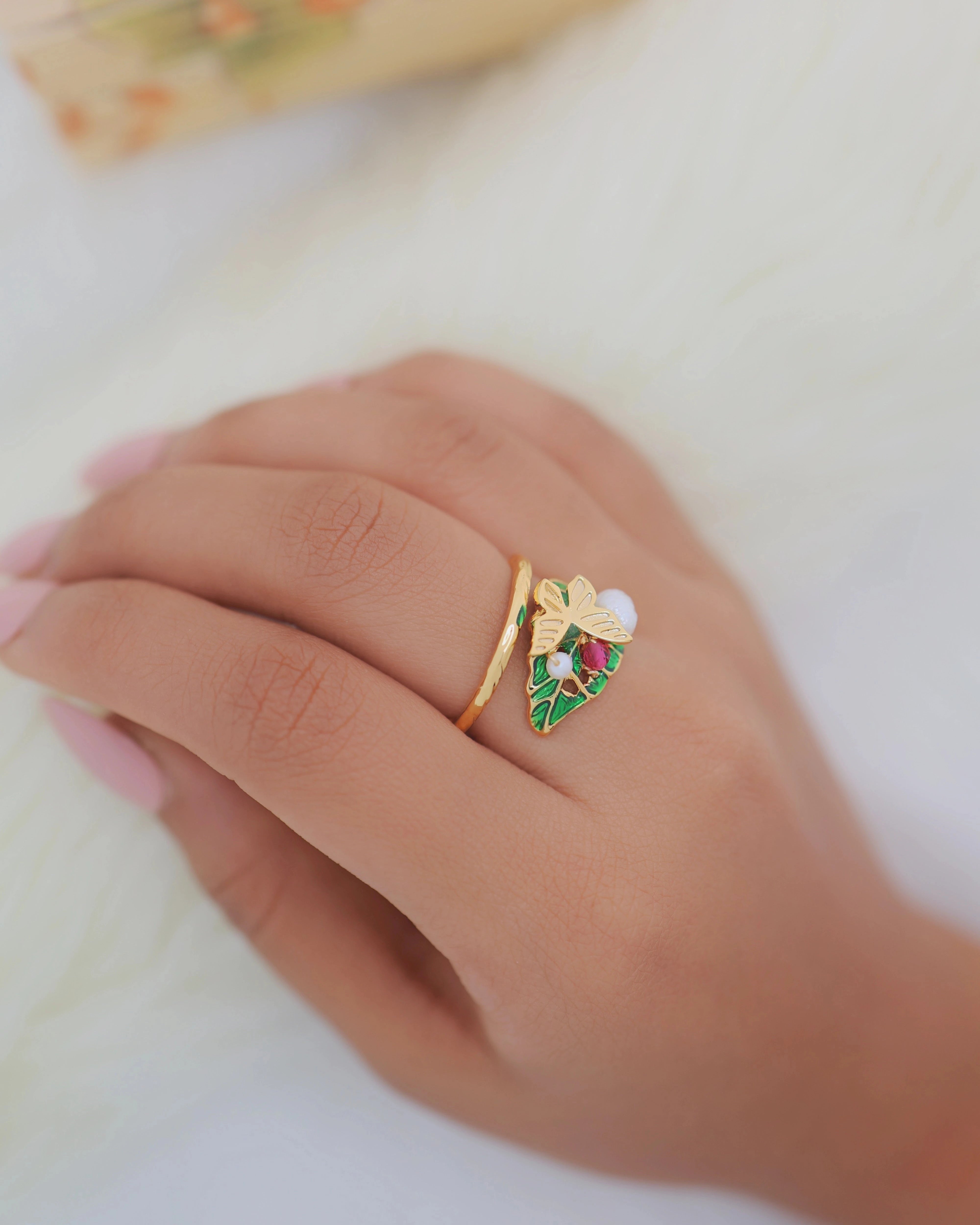 Spring Leaf - Butterfly on Leaf Pearl Ring