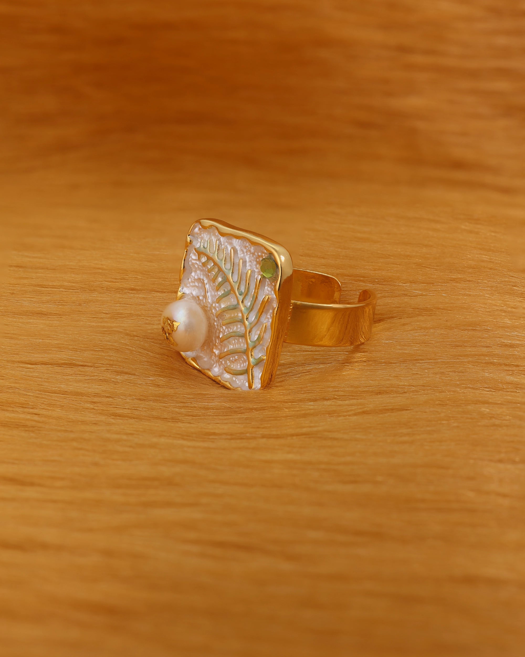 White Fern Pearl Adjustable Ring