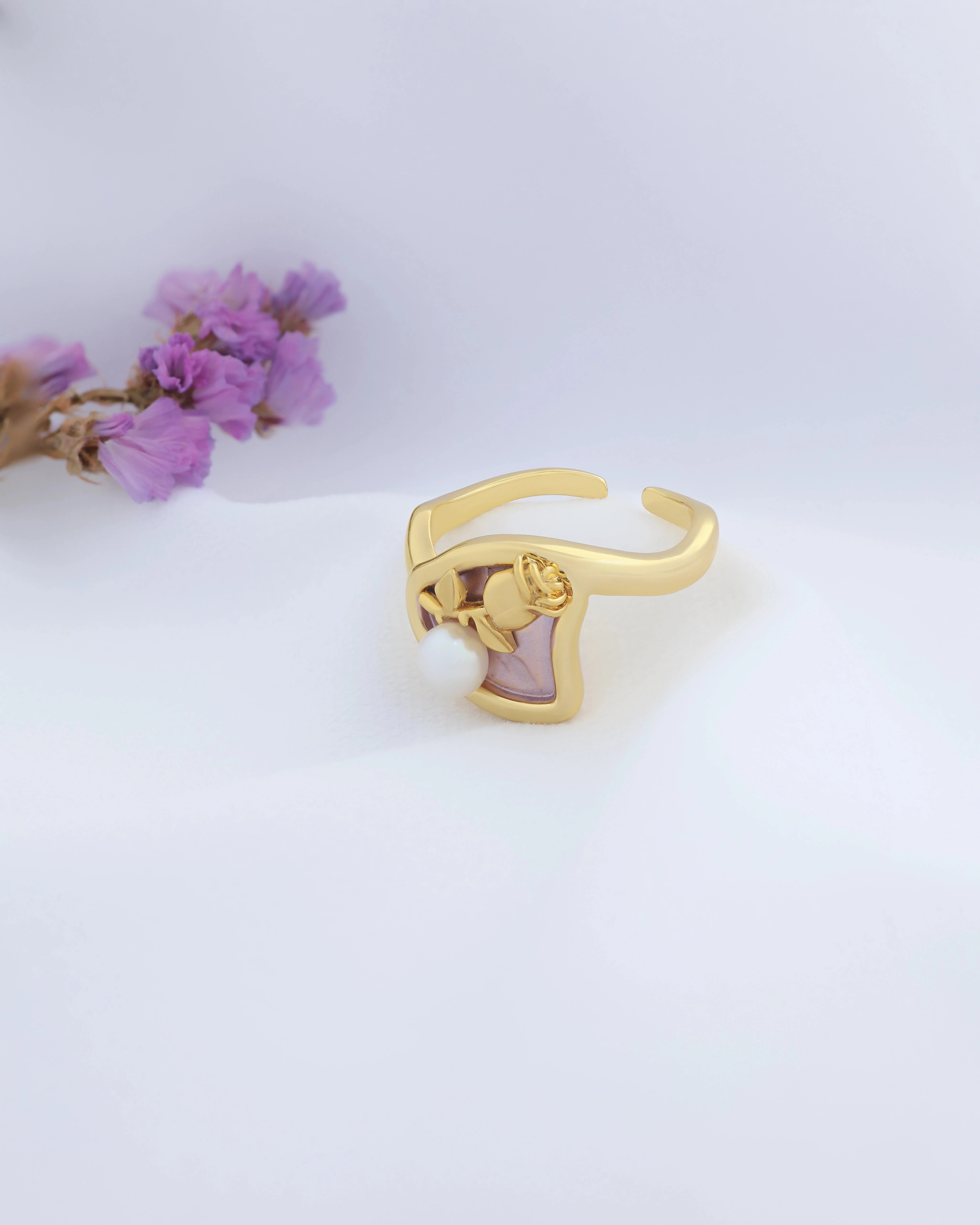 Pearl and Rose in Purple Adjustable Ring