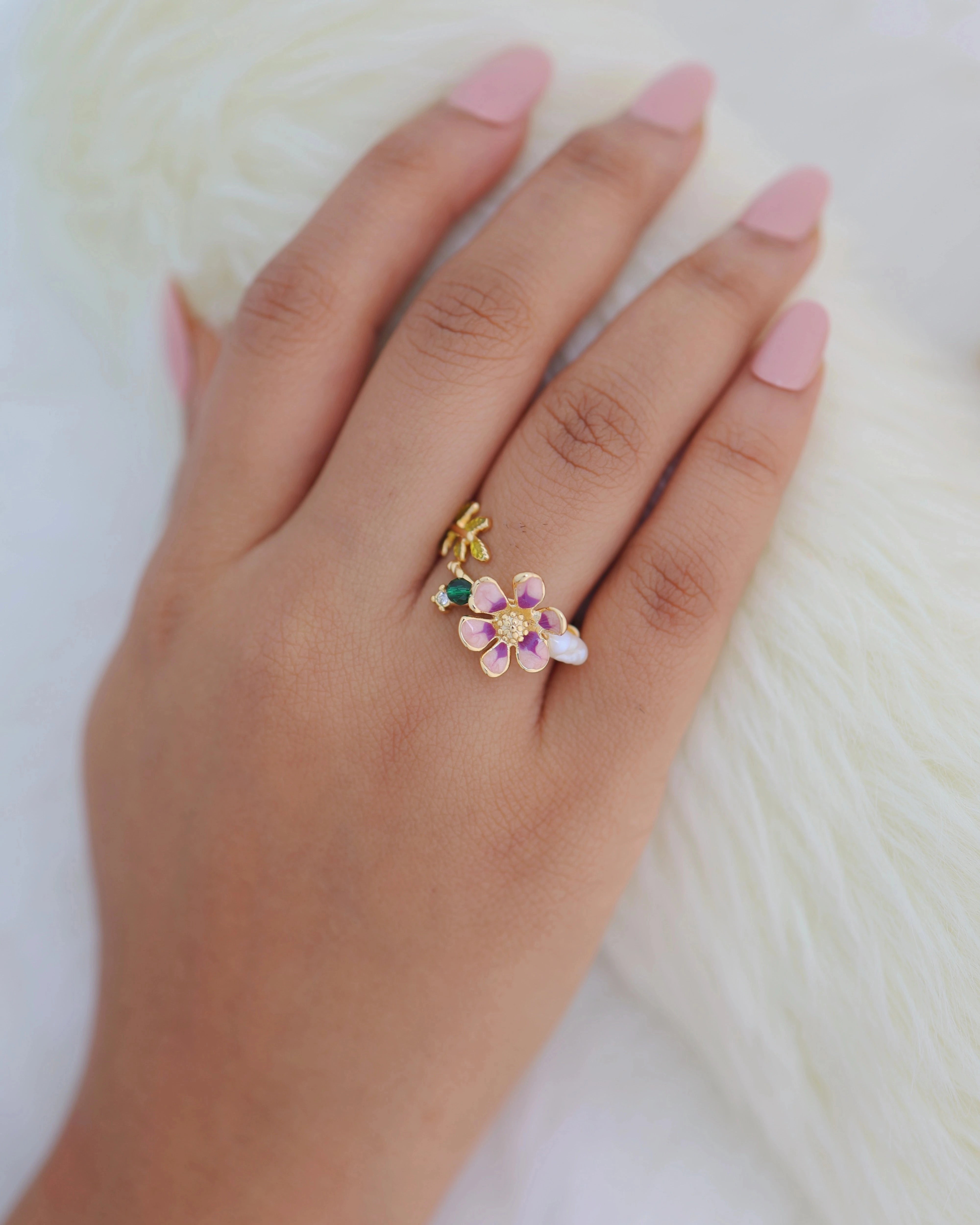Floral Crown Pearl Ring Adjustable