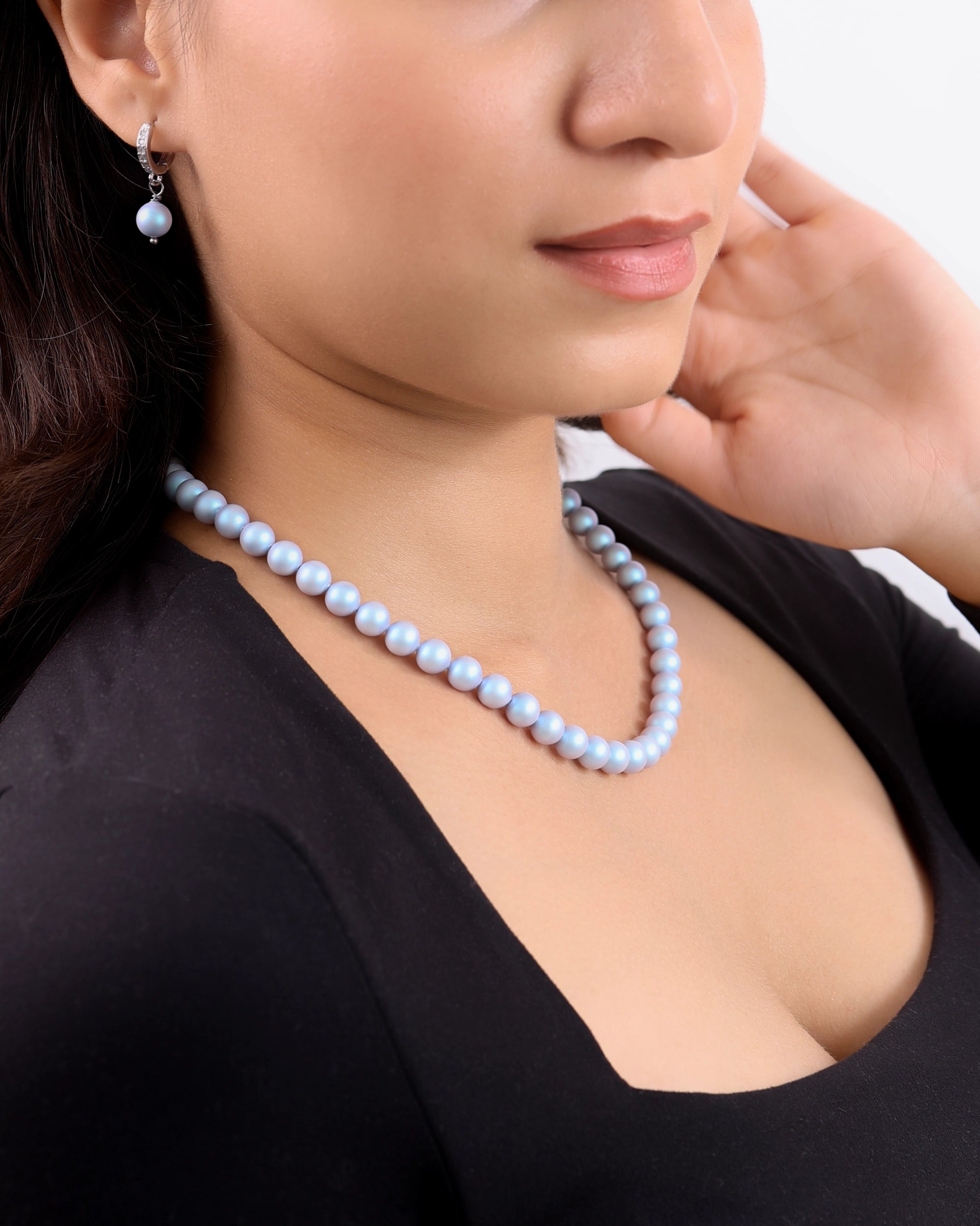 Elegant European Iridescent Light Blue Pearl Necklace