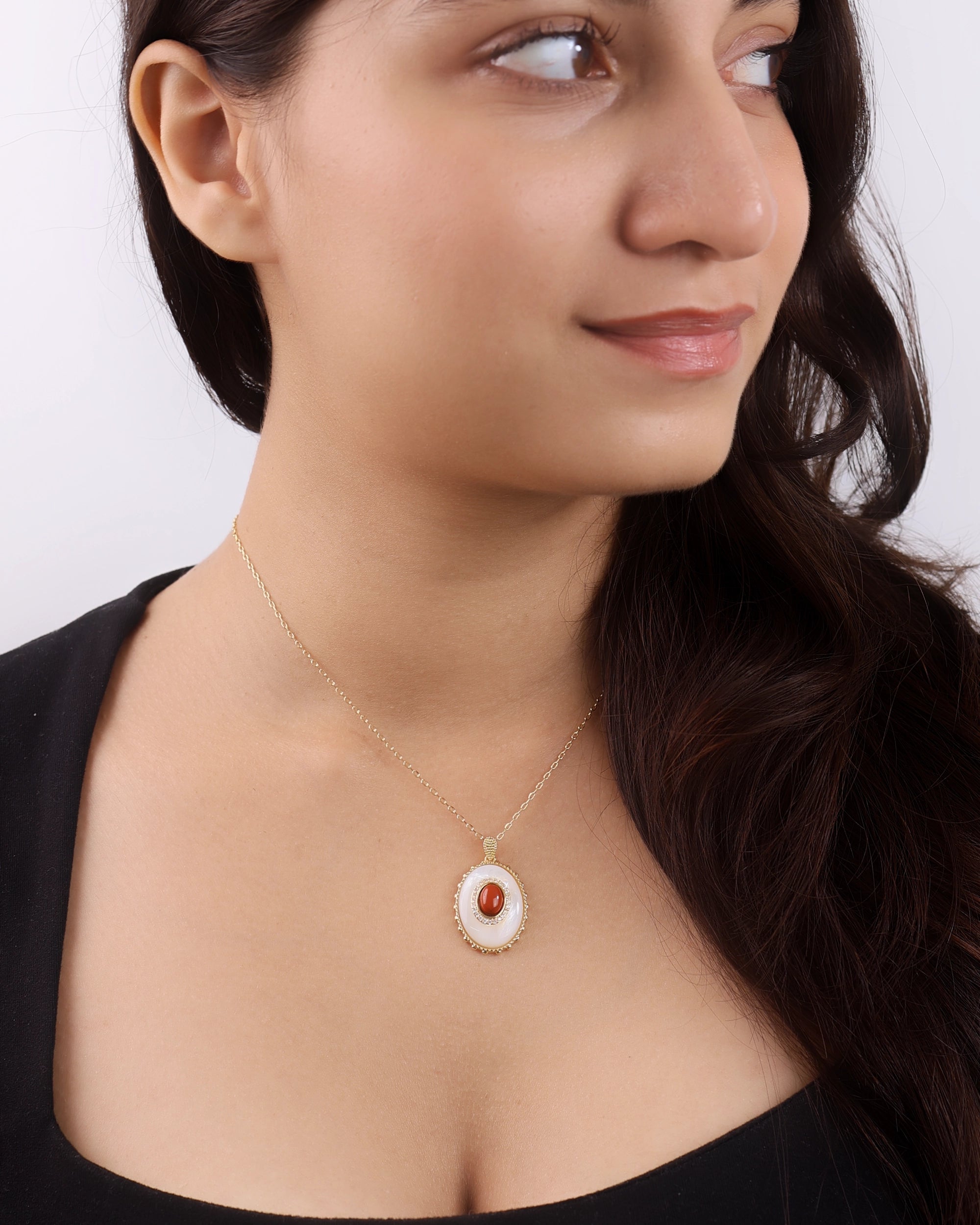 Tiger Stone on Mother of Pearl Pendant with Chain