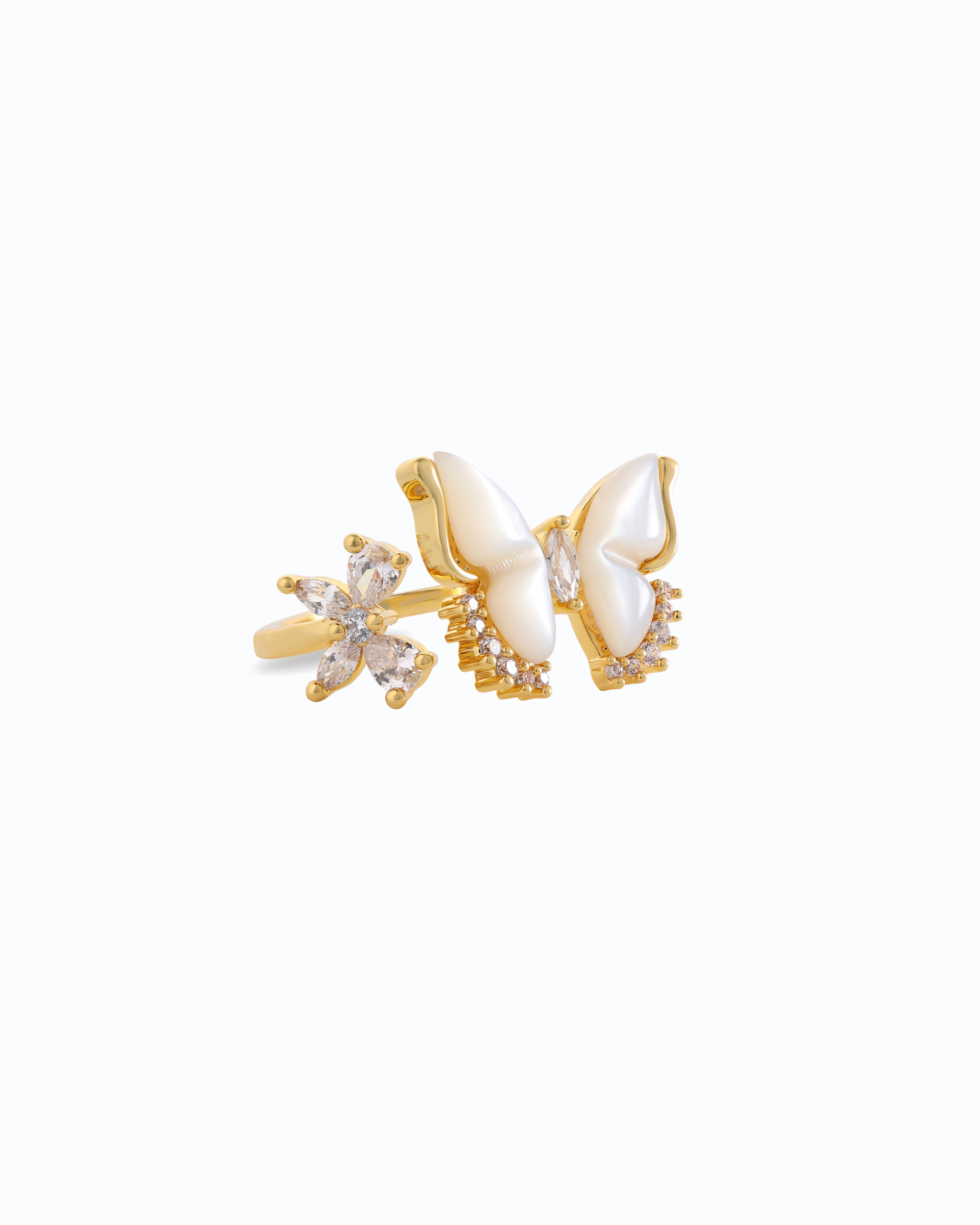 White Butterfly & Bloom Pearl Ring – 18K Gold Plated | Flawnt Jewelry