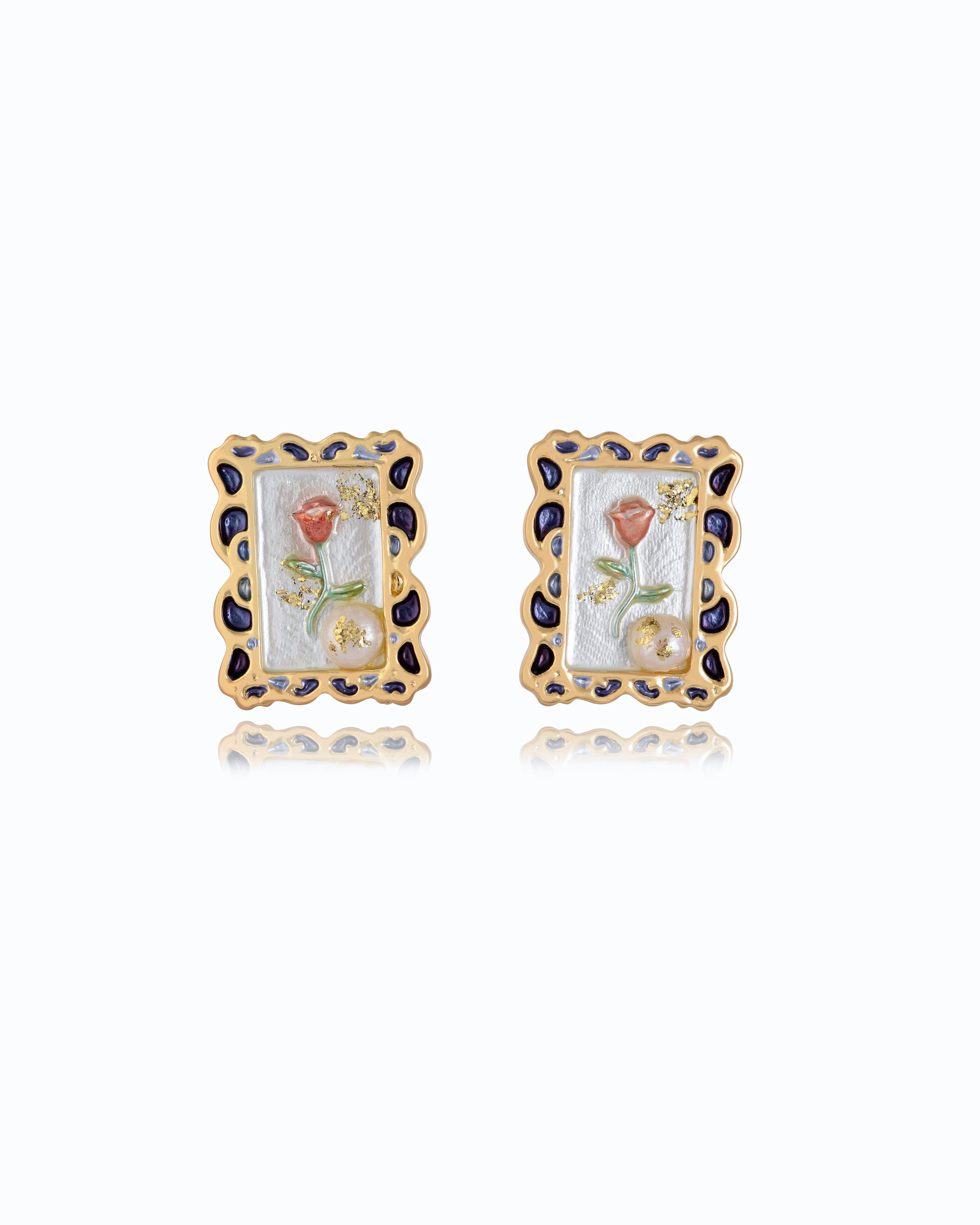 Blue Frame Pearl Stud Earrings | 18K Gold Plated | 925 Sterling Silver